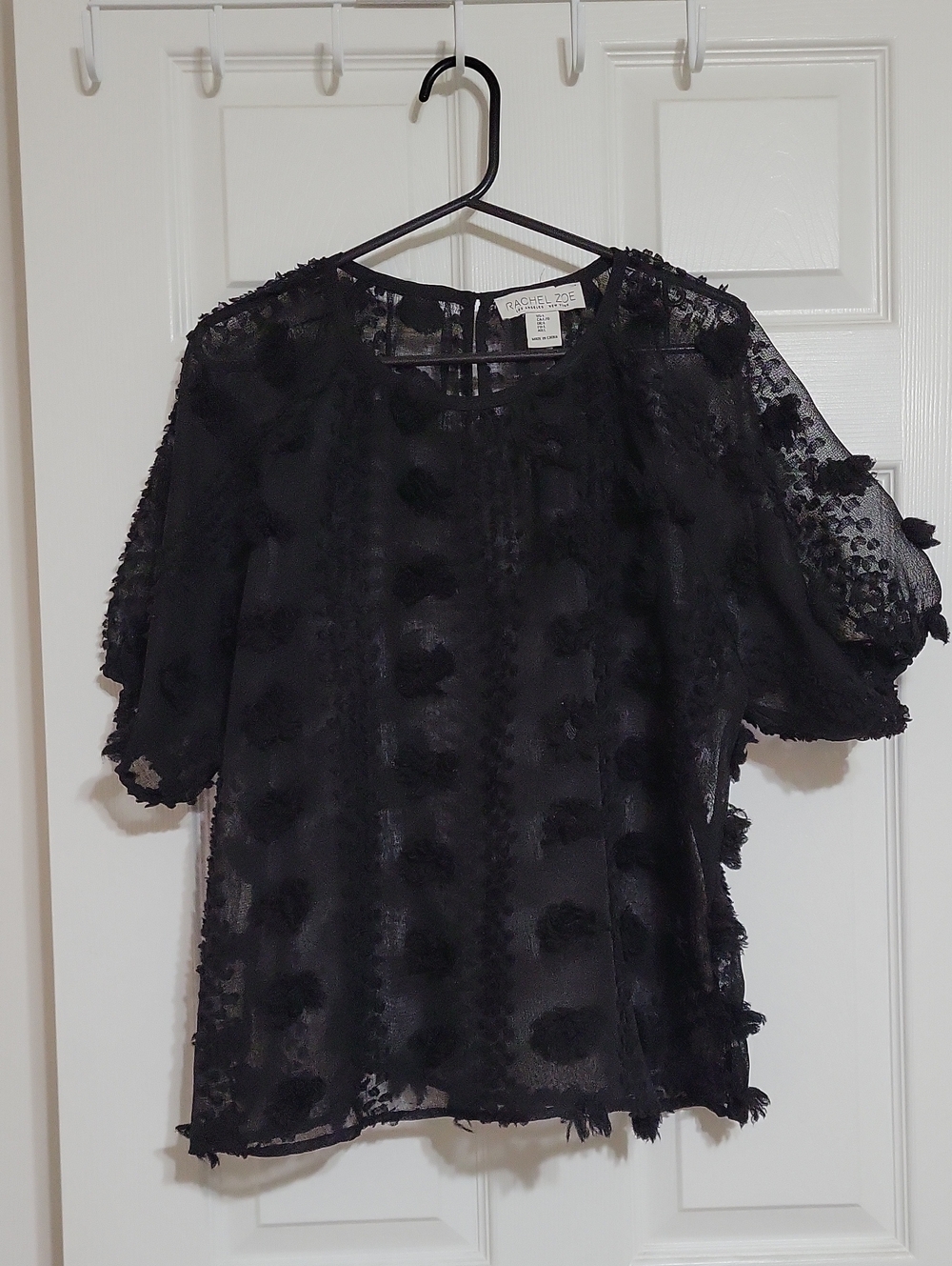 Rachel Zoe Black Sheer Dot-Texture Puff Sleeve Blouse